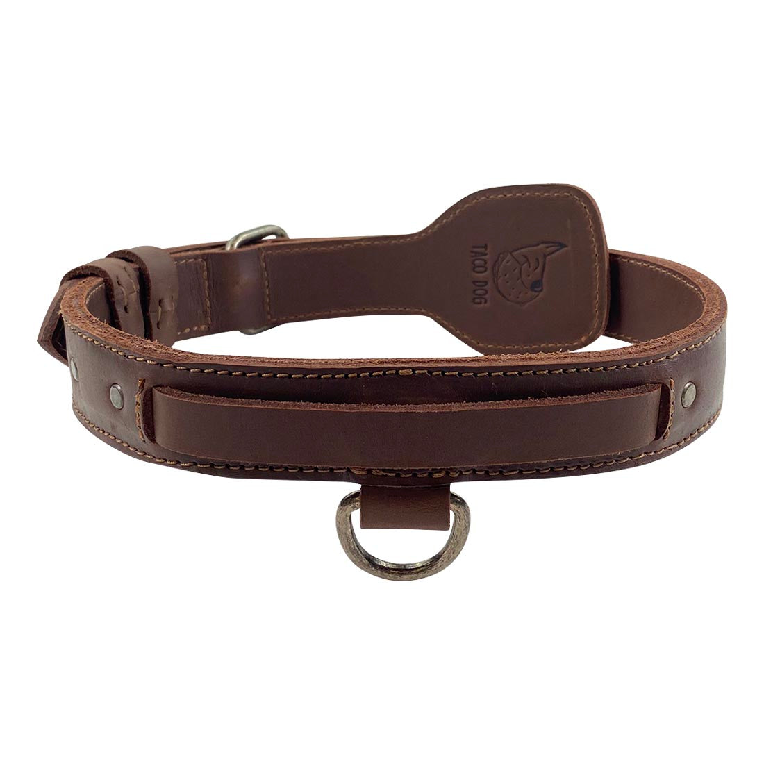 Another angle of Taco Dog's Dog Collar with Handle, showcasing its sleek design and adjustable features. Perfect for training and walking small to large dogs, this Dog Collar with Handle offers durability with heavy-duty hardware and full grain leather, handcrafted in La Antigua Guatemala.