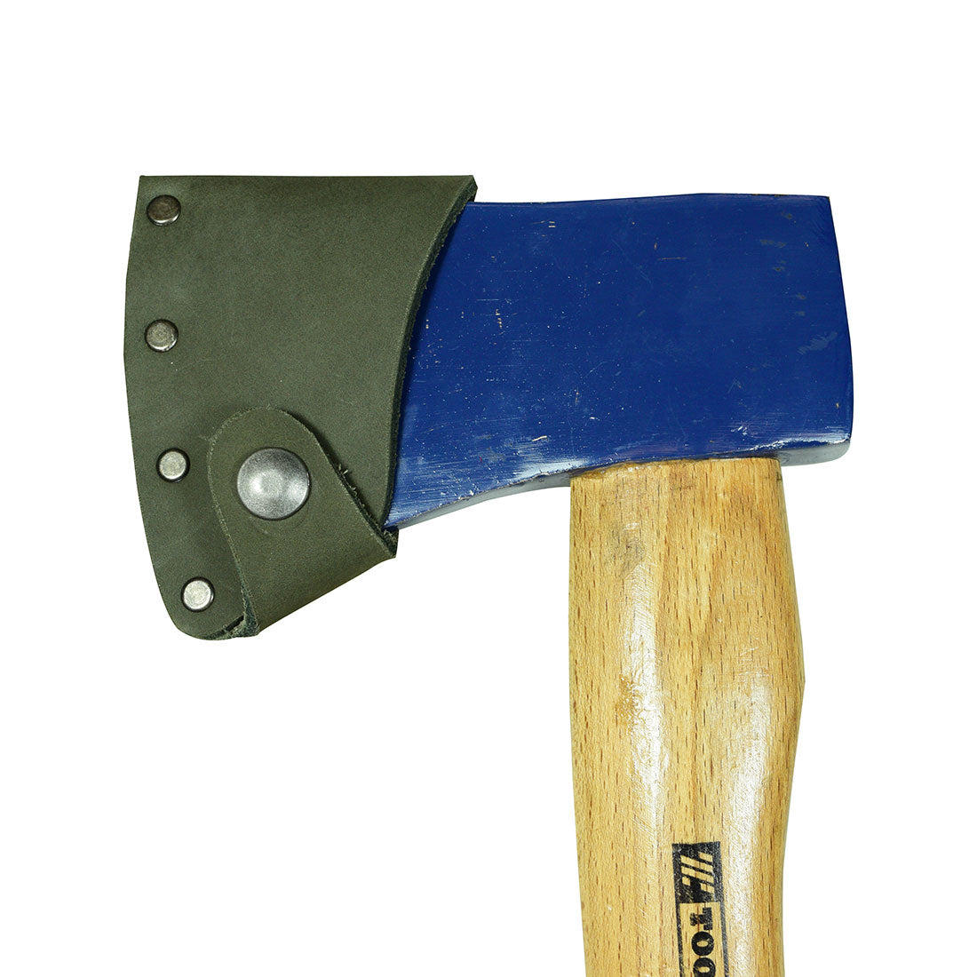 Sturdy Hatchet Blade Cover by Hide & Drink, highlighting a protective axe head sheath made from robust full grain leather. A perfect addition to any lumberjack gear, this artisan-crafted piece emphasizes quality handmade production in La Antigua Guatemala & Oaxaca Mexico.