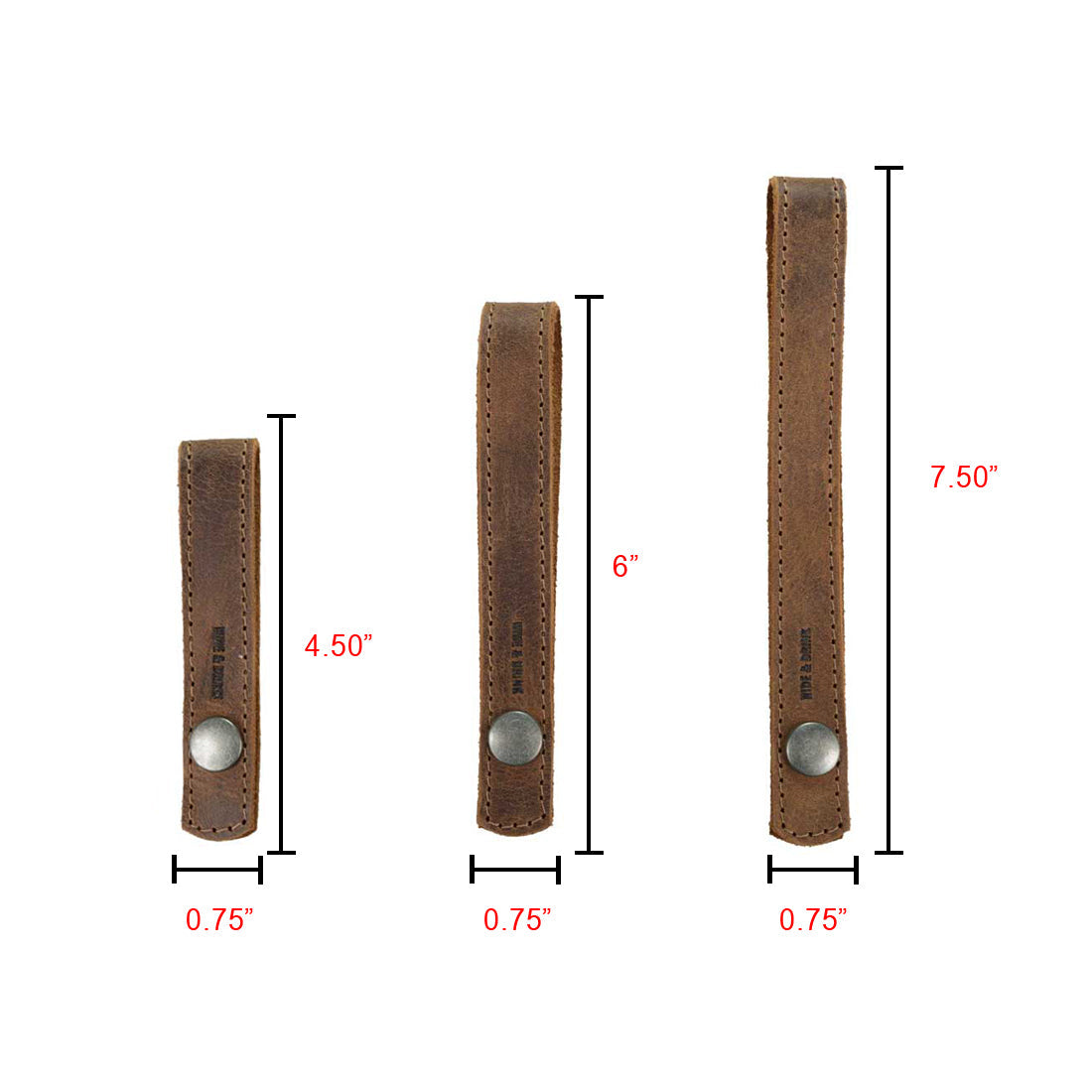 Detailed measurements of three curtain tiebacks from Hide & Drink, ideal for any window treatment. The Curtain Tieback (6 Pack) is suitable for thin or thick drapes and crafted from high-quality full grain leather. Each tieback is an artisan piece, hand cut, hand sewn, and fire branded, made in La Antigua Guatemala & Oaxaca Mexico.