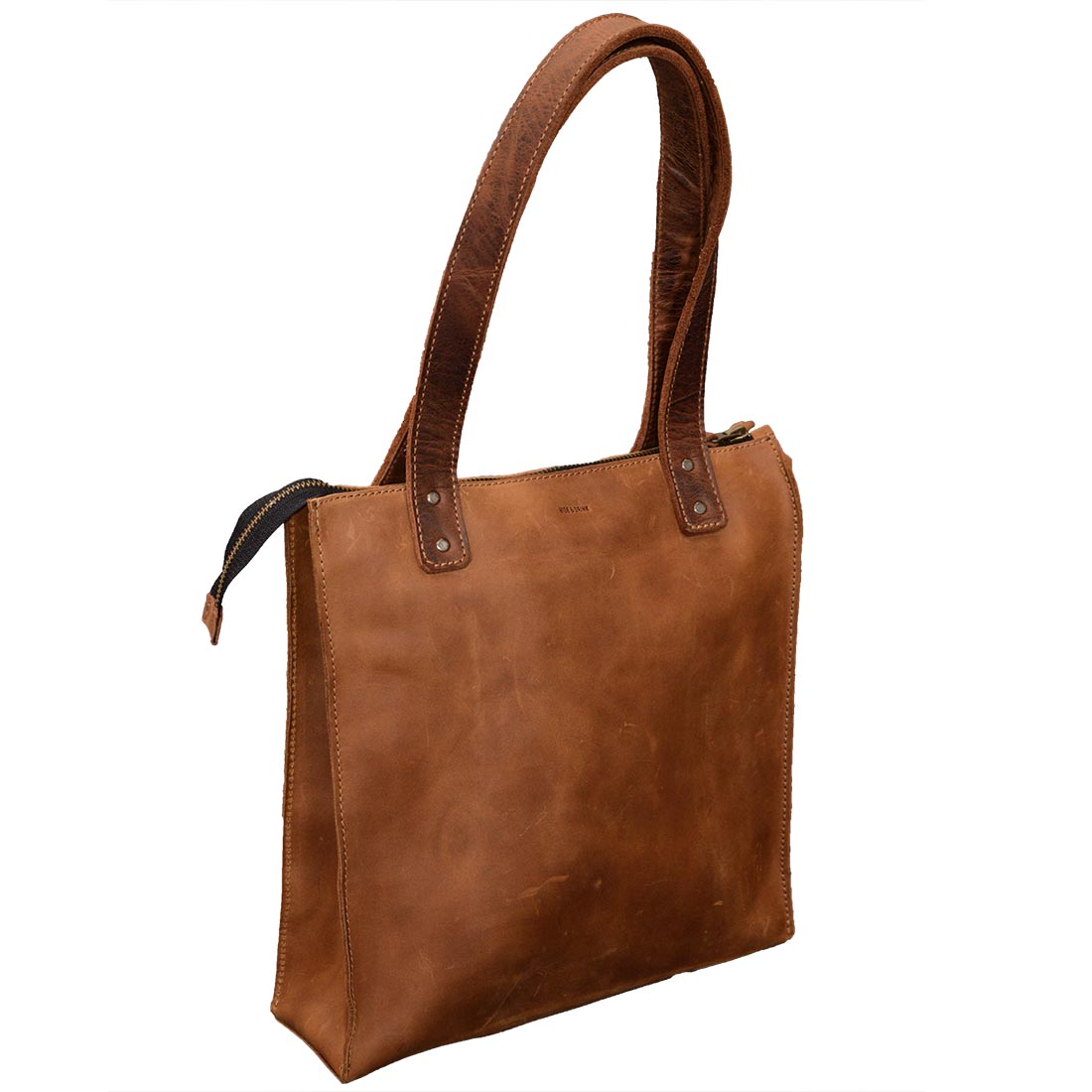 Another perspective of the Square Shoulder Bag by Hide & Drink highlighting its durable full grain leather and elegant design. This handbag serves as a stylish purse that embodies vintage aesthetics, artisan techniques, and is proudly handmade in La Antigua Guatemala & Oaxaca Mexico.