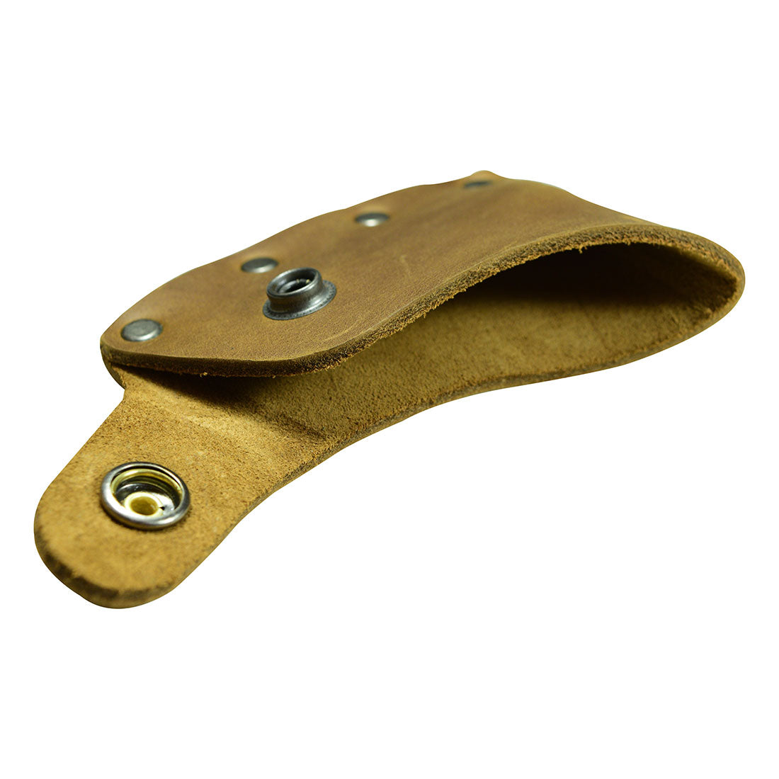 Elegant Hatchet Blade Cover by Hide & Drink, showcasing a protective axe head sheath with strong full grain leather. Ideal for outdoor enthusiasts, this small batch artisan product is handmade in La Antigua Guatemala & Oaxaca Mexico, making it a prized camping accessory.