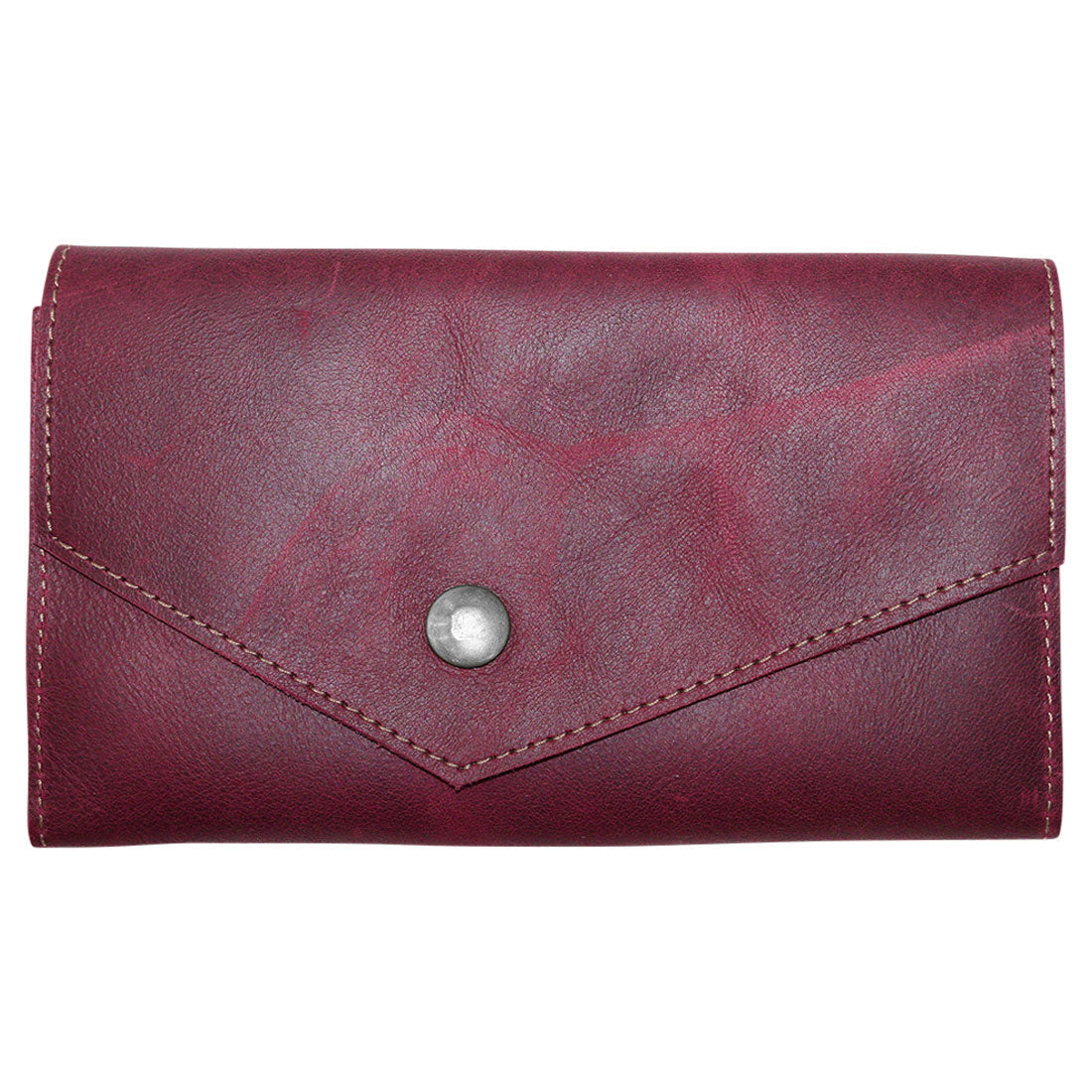 Closed Angular Wallet for Cell Phone by Hide & Drink in rich burgundy Full Grain Leather, reflecting artisan craftsmanship. This Cell Phone Wallet is designed for elegance and practicality, produced through small batch techniques in La Antigua Guatemala & Oaxaca Mexico.