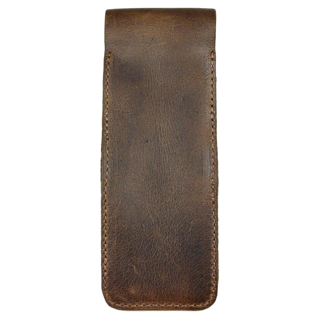 A close-up of the Hide & Drink Pen Case showcasing the front view. This Pen Case serves not only as a stylish holder for your writing instruments but also as a Multi Pen Pouch. Crafted from Full Grain Leather, its durability aligns with StockyardX's commitment to small batch production. The hand cut, hand sewn details, along with the fire branded logo, are a testament to the artisan work involved, handmade in La Antigua Guatemala & Oaxaca Mexico.