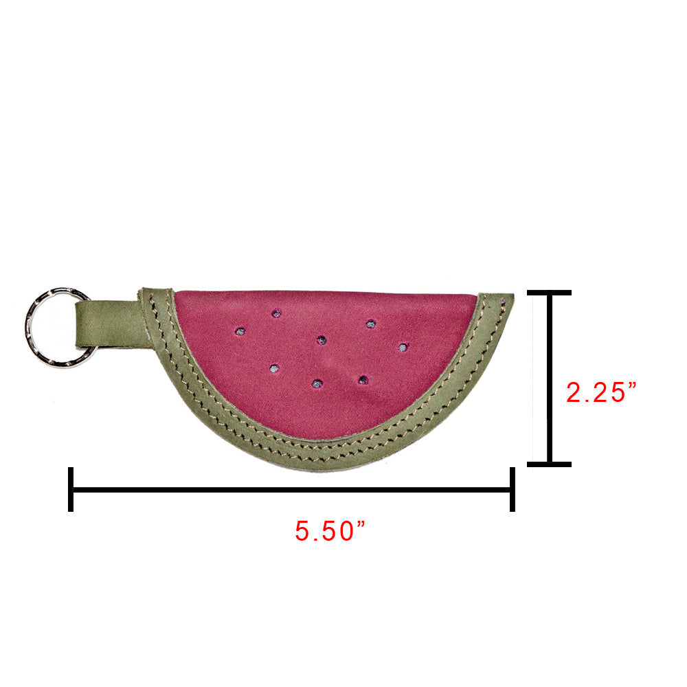 A measurement illustration of the Watermelon Keychain by Hide & Drink, showcasing its dimensions in a stylish watermelon design. This functional charm is handmade from high-quality full grain leather, demonstrating the artistry of small batch production. A unique key ring that blends practicality with artistic flair, made in La Antigua Guatemala & Oaxaca, Mexico.