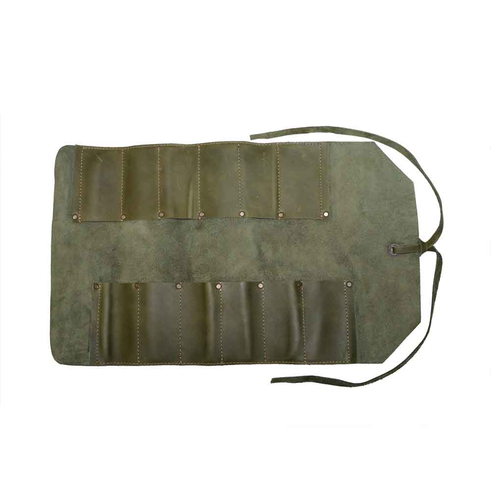 Hide & Drink Tool Roll (12 Pockets): Close-up of the tool roll‚Äôs full grain leather material, demonstrating superior quality and hand craftsmanship. Tool Bag Roll Up, 12 Slot Heavy Duty Tool Roll Bag Organizer, Tool Roll Up Bag, Portable Tool Wrap Roll Bags for Travel, Durable Tool Kit Folding Tool Pouch Roll Up Mechanic Gifts for Men, Full Grain Leather, StockyardX, Small Batch Production, Hand Cut, Hand Sewn, Fire Branded, Artisan, Handmade in La Antigua Guatemala & Oaxaca Mexico.