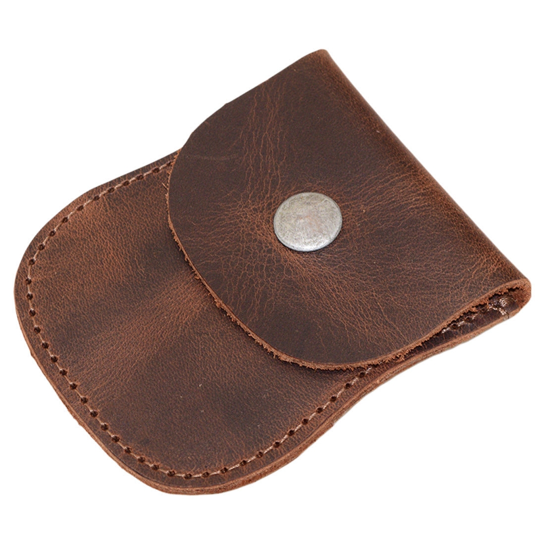 The Curvy Coin Pouch by Hide & Drink, closed and front-facing to reveal its sleek, artisan style, made from fire branded full grain leather for durability and aesthetics.