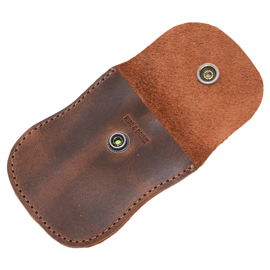 Inside view of the Curvy Coin Pouch by Hide & Drink, showcasing its craftsmanship and design for storing coins and cards, emphasizing quality small batch production.