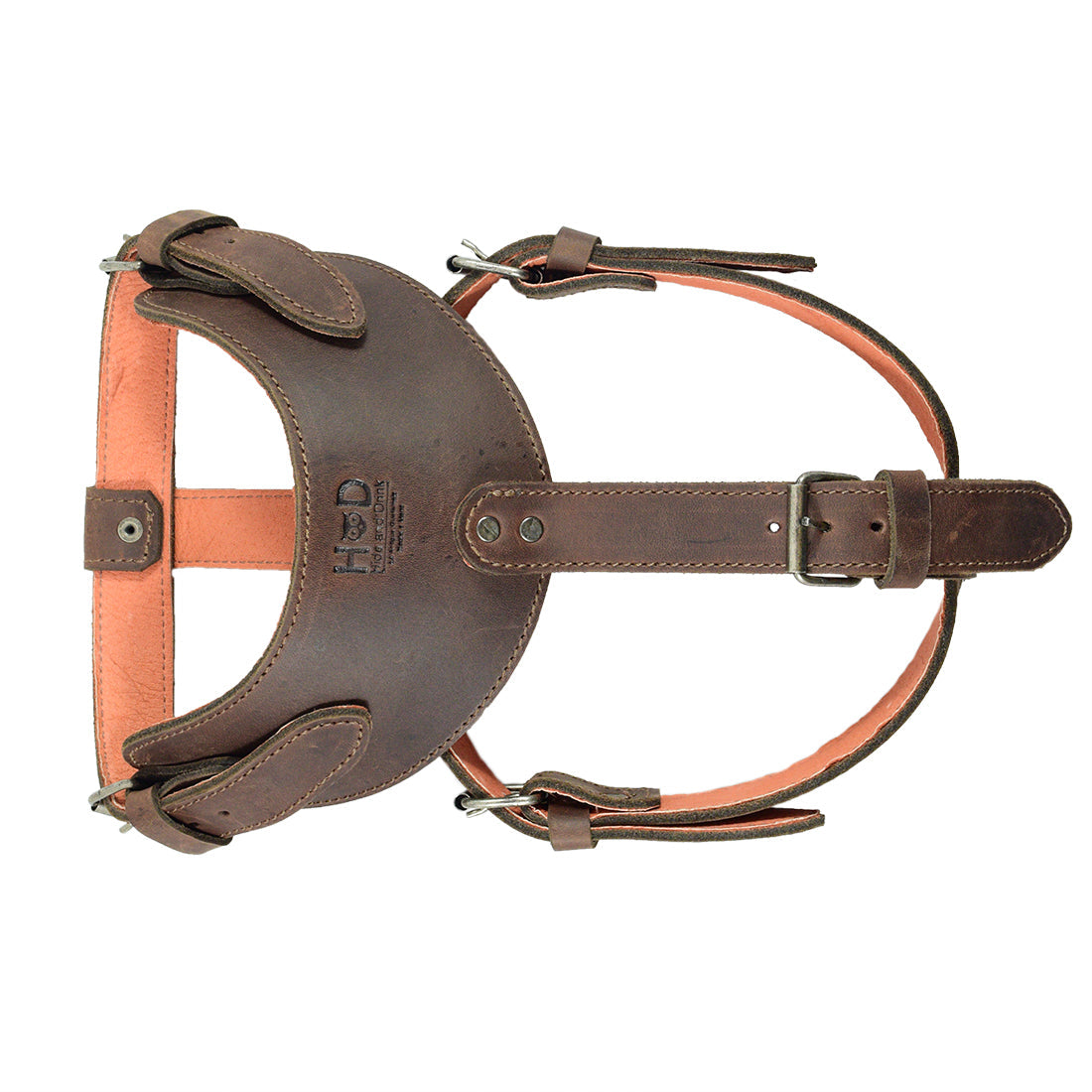 Overview of the Hide & Drink Dog Harness featuring distinct adjustable straps and high-quality Full Grain Leather. Handmade with care, this harness combines functionality with artisanal craftsmanship from La Antigua Guatemala.