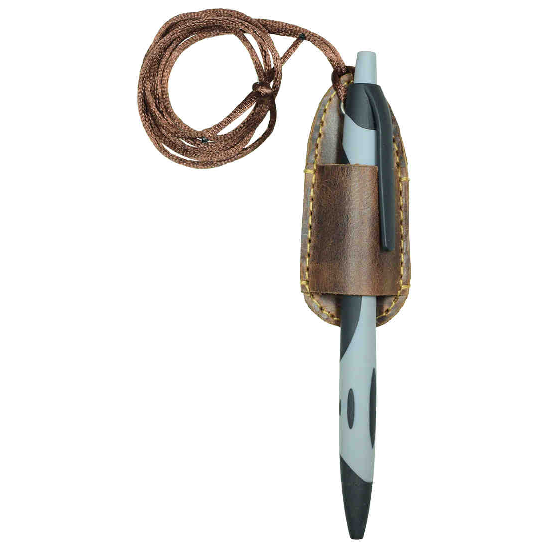 Showcasing Hide & Drink's Mini Pen Holder, this image features a pen secured in a Full Grain Leather Lanyard Pen Holder. A practical addition to any Office Supplies collection, it also serves as a stylish Bookworm Accessory. Each piece is handmade in La Antigua Guatemala, emphasizing quality in small batch production with hand cut and hand sewn finishes.