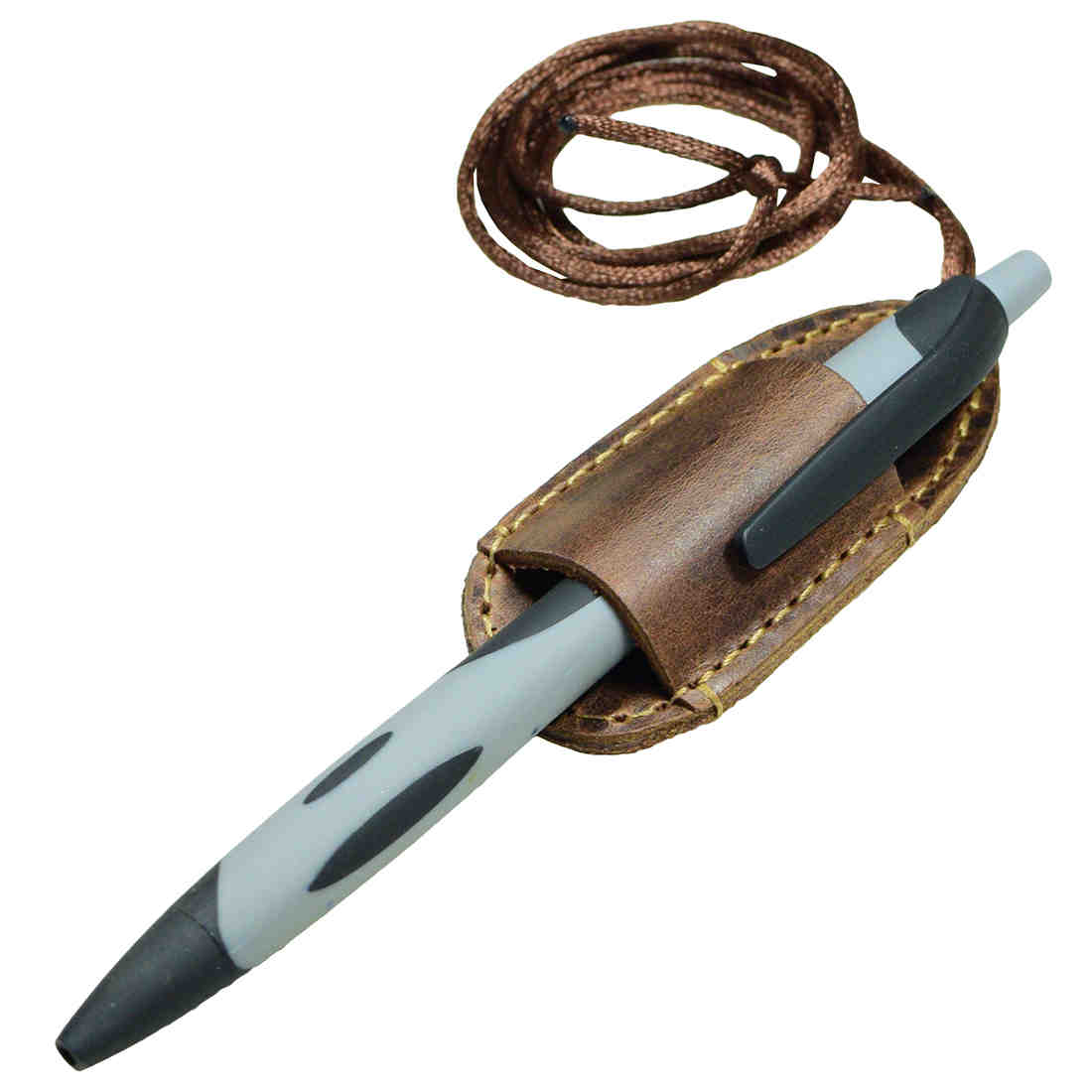 Hide & Drink Mini Pen Holder featuring a pen secured in a Lanyard Pen Holder made from Full Grain Leather. Perfect as an Office Supply and ideal for Bookworm Accessories, handcrafted in La Antigua Guatemala. This pen holder comes with a neck strap and showcases small batch production with hand cut, hand sewn details and fire branded artisan craftsmanship.