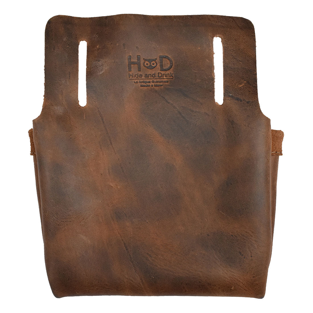 Close-up of the back of the Small Nail Holder by Hide & Drink, featuring the artisan logo. This Full Grain Leather Hardware Pouch exemplifies handmade quality from La Antigua Guatemala, emphasizing small batch production and fine stitching techniques. A must-have for woodworkers looking for reliable, stylish accessories.