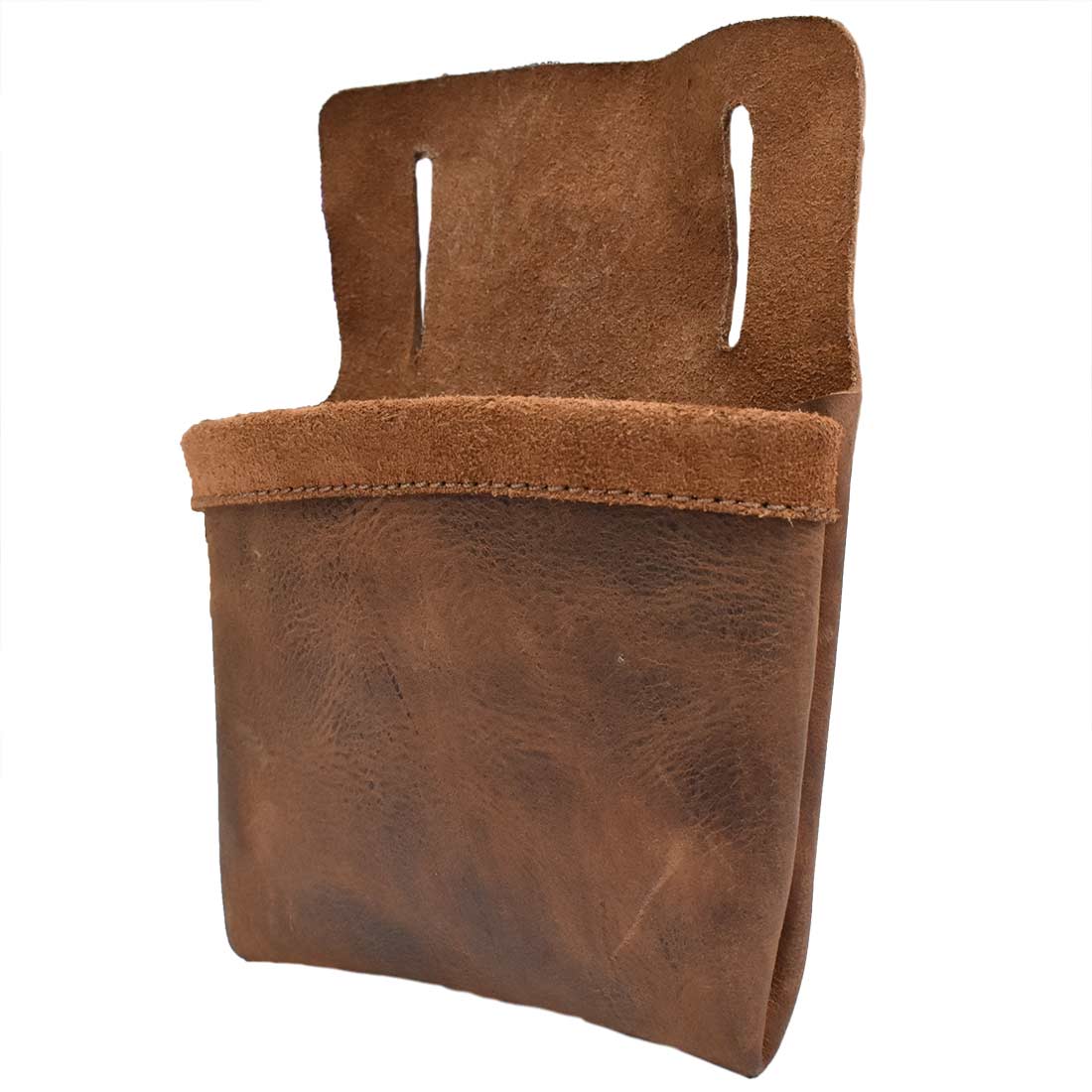 Side view of the Small Nail Holder by Hide & Drink, highlighting its robust yet elegant design made from Full Grain Leather. This Hardware Pouch is perfect for storing nails and other small items. Handmade in La Antigua Guatemala, it represents small batch production and exceptional craftsmanship with its hand cut and hand sewn details.