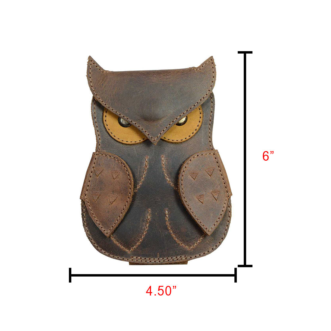 Owl Guitar Pick Case by Hide & Drink shown with dimensions indicating its compact size. This unique guitarist gift is crafted from full grain leather, combining style and functionality as part of small batch production. Each piece is handmade in La Antigua Guatemala & Oaxaca Mexico.