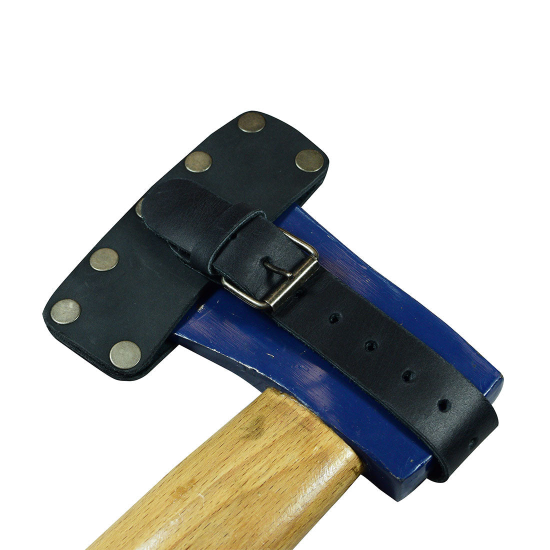 A detailed look at the Hide & Drink Lumberjack Axe Sheath highlighting its adjustable strap and rustic appeal. This full grain leather protector holster embodies the essence of artisan craftsmanship and small batch production.