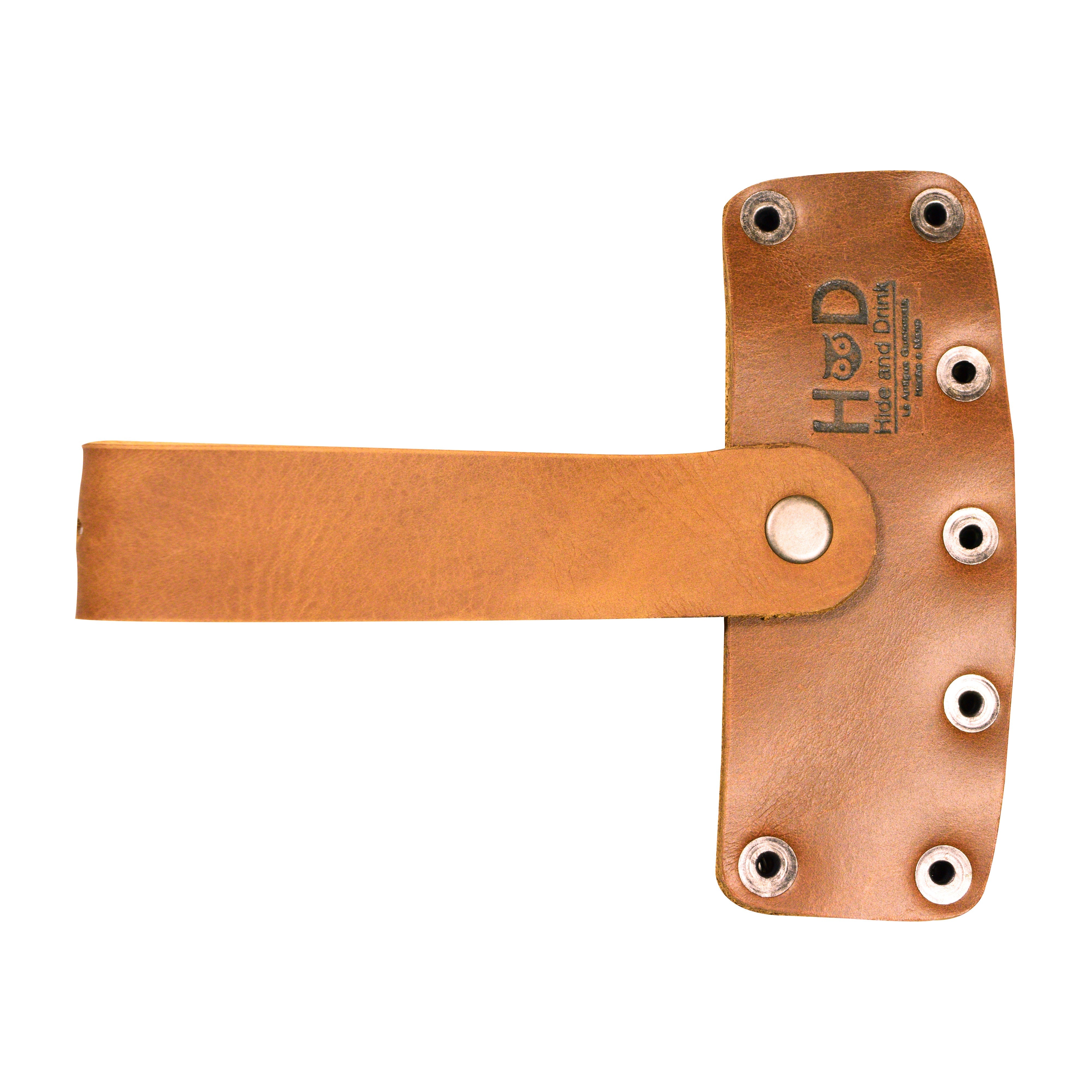 Hide & Drink's Lumberjack Axe Sheath, illustrating the rugged elegance of full grain leather along with an adjustable strap. This protector holster is a testament to small batch production and the artisan skills honed in La Antigua Guatemala.