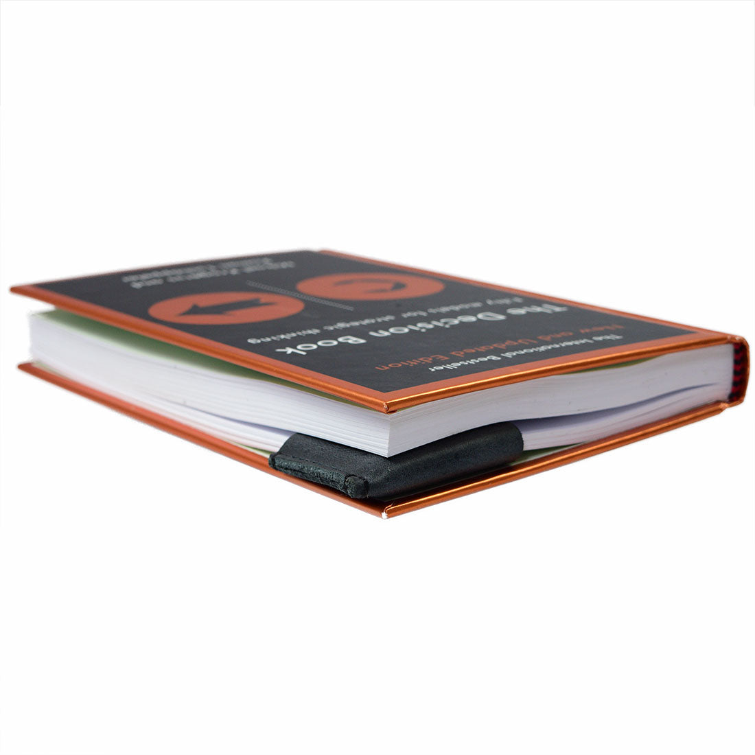 Distinguished leather corner bookmark from Hide & Drink, shown in the Corner Bookmark 3-Pack, prominently displayed on a book's edge. This full grain leather accessory combines functionality with design, perfect for any book lover, showcasing artisan craftsmanship in small batch production, hand cut, hand sewn, and fire branded from La Antigua Guatemala & Oaxaca Mexico.
