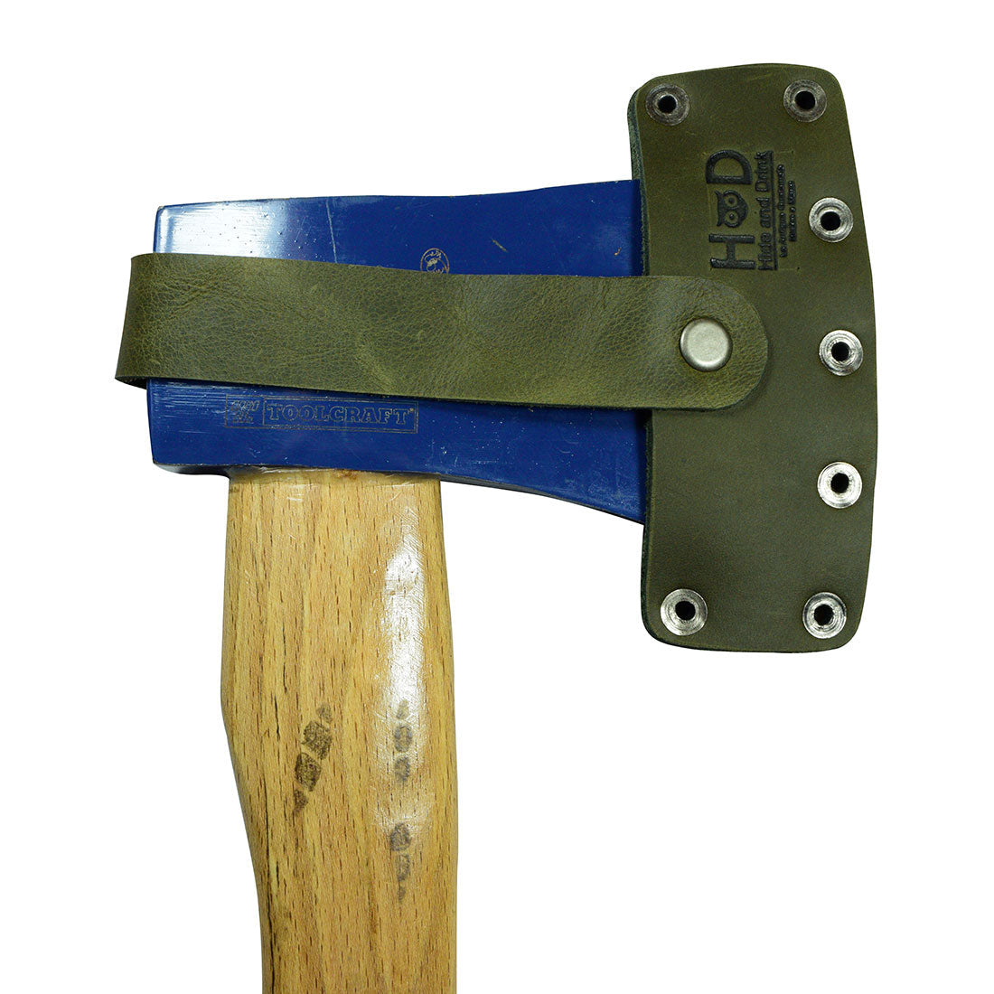 Hide & Drink's Lumberjack Axe Sheath, highlighting its sturdy construction with an adjustable strap made from full grain leather. This artisan protector holster reflects hand-cut and sewn techniques from La Antigua Guatemala.