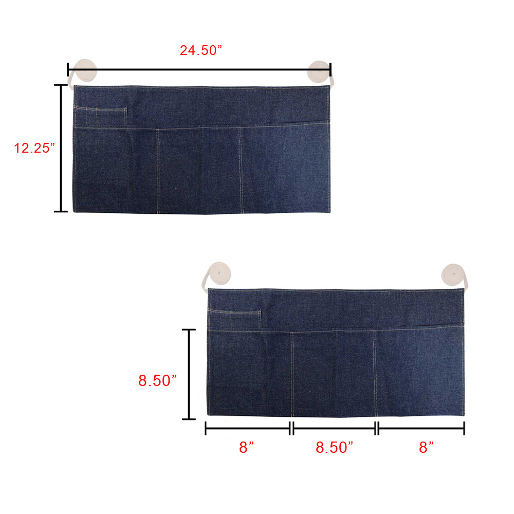 Measuring details of Hide & Drink's Repurposed Denim Waist Apron, highlighting its dimensions and practical design. This waist apron showcases artisanal craftsmanship with Full Grain Leather, handmade in La Antigua Guatemala & Oaxaca Mexico, including features of hand cut, hand sewn, and small batch production.