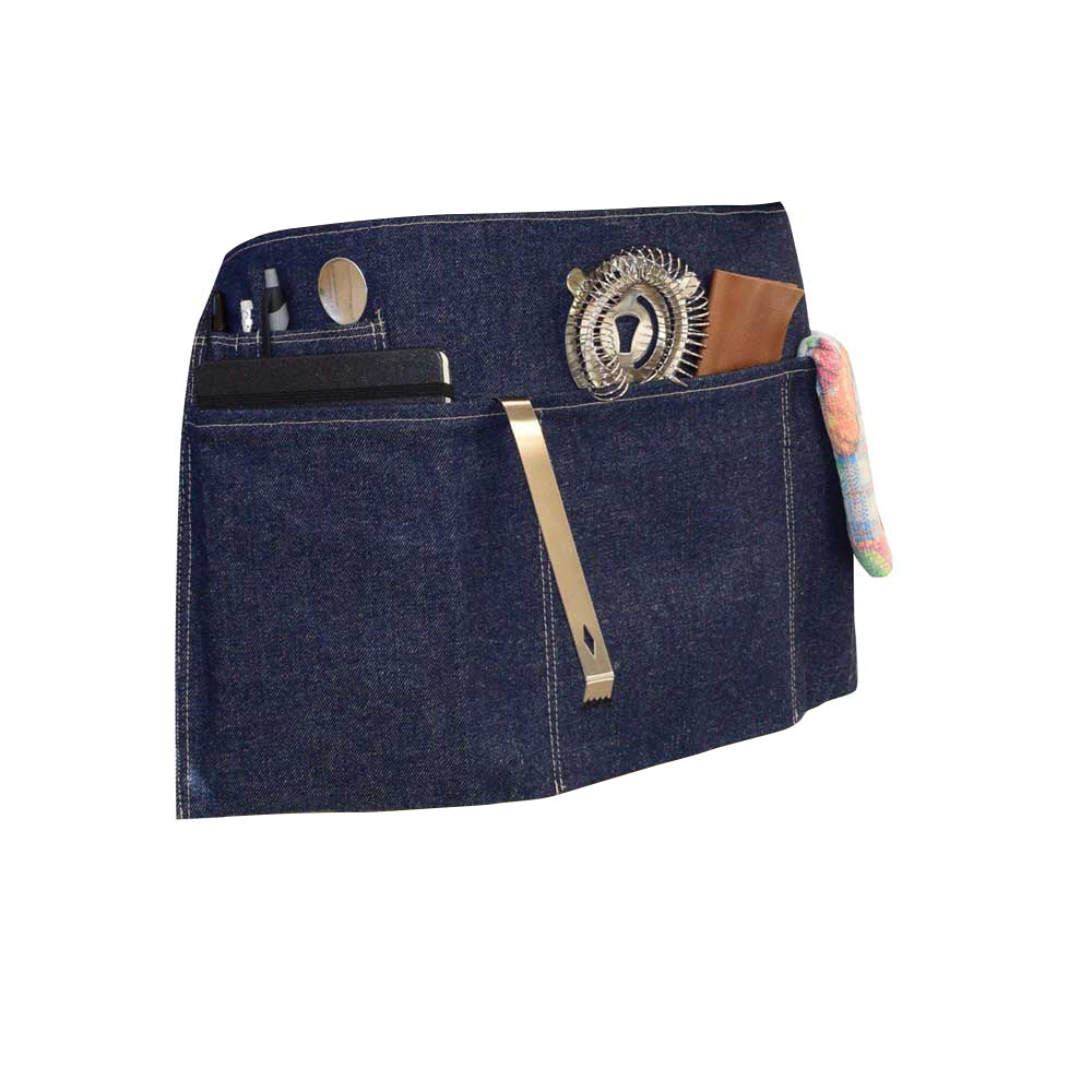 Hide & Drink's Repurposed Denim Waist Apron, designed with stylish pockets for convenient organization. This artisan waist apron is made from Full Grain Leather and reflects small batch production principles, proudly handmade in La Antigua Guatemala & Oaxaca Mexico, featuring hand cut and hand sewn elements.