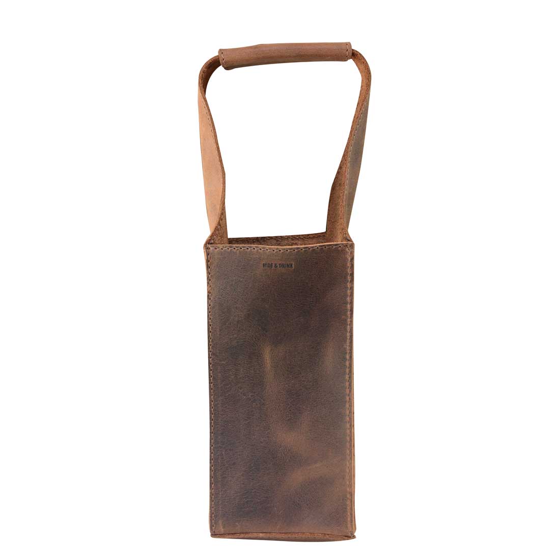 Front view of the Bottle Wine Carrier by Hide & Drink, displaying its elegant squared design. This versatile bottle wine carrier with handle acts as a Bordeaux bottle holder and rustic case for outdoor picnics. Made of full grain leather, it showcases the ethos of small batch production with fire branded artisan craftsmanship from La Antigua Guatemala and Oaxaca Mexico.