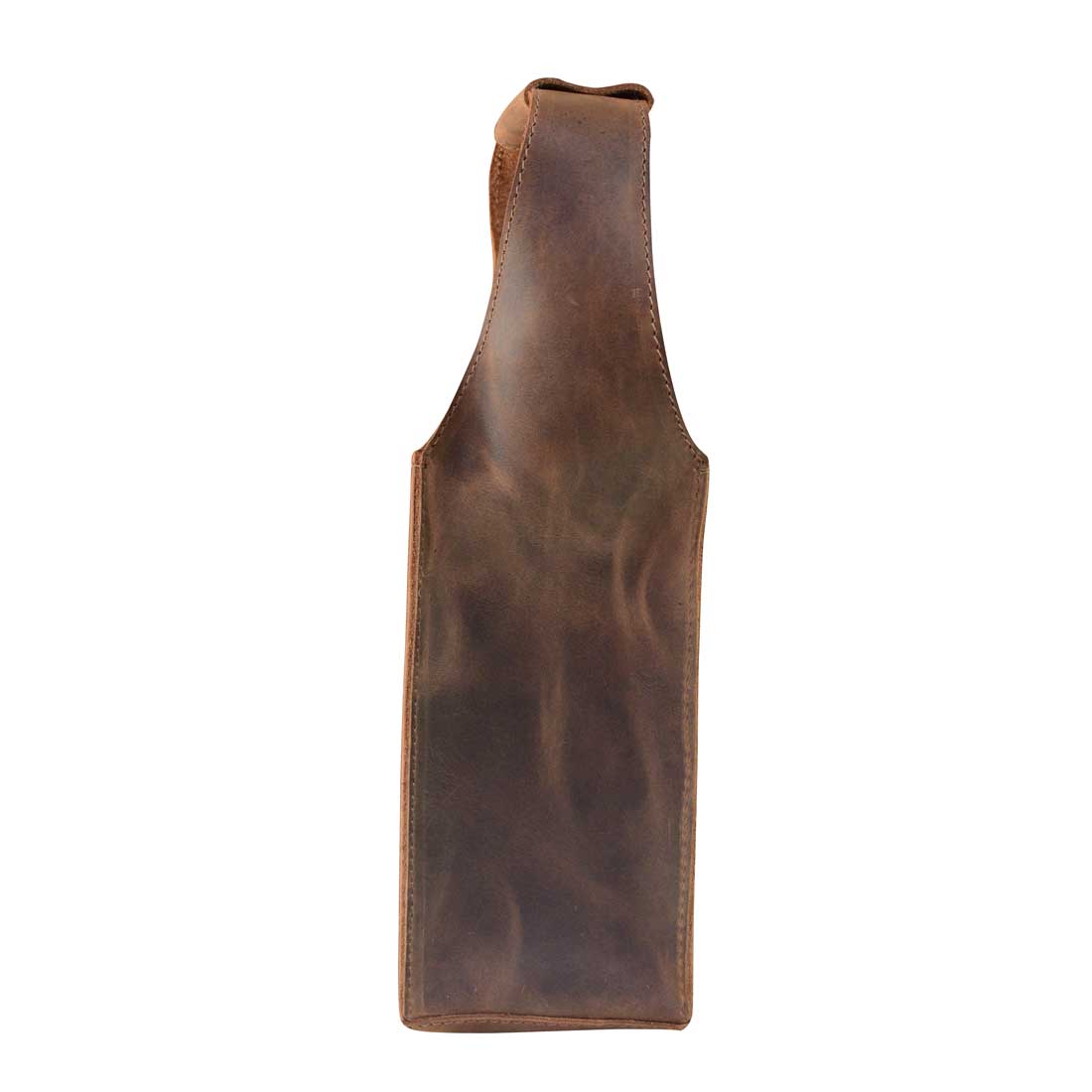 Back view of the Bottle Wine Carrier by Hide & Drink, designed with a squared shape and sturdy handle. This rustic case is an ideal Bordeaux bottle holder and carry-on pouch for picnic accessories. Its construction from full grain leather exemplifies small batch production with exquisite hand cut and hand sewn artistry, fire branded by artisans from La Antigua Guatemala and Oaxaca Mexico.