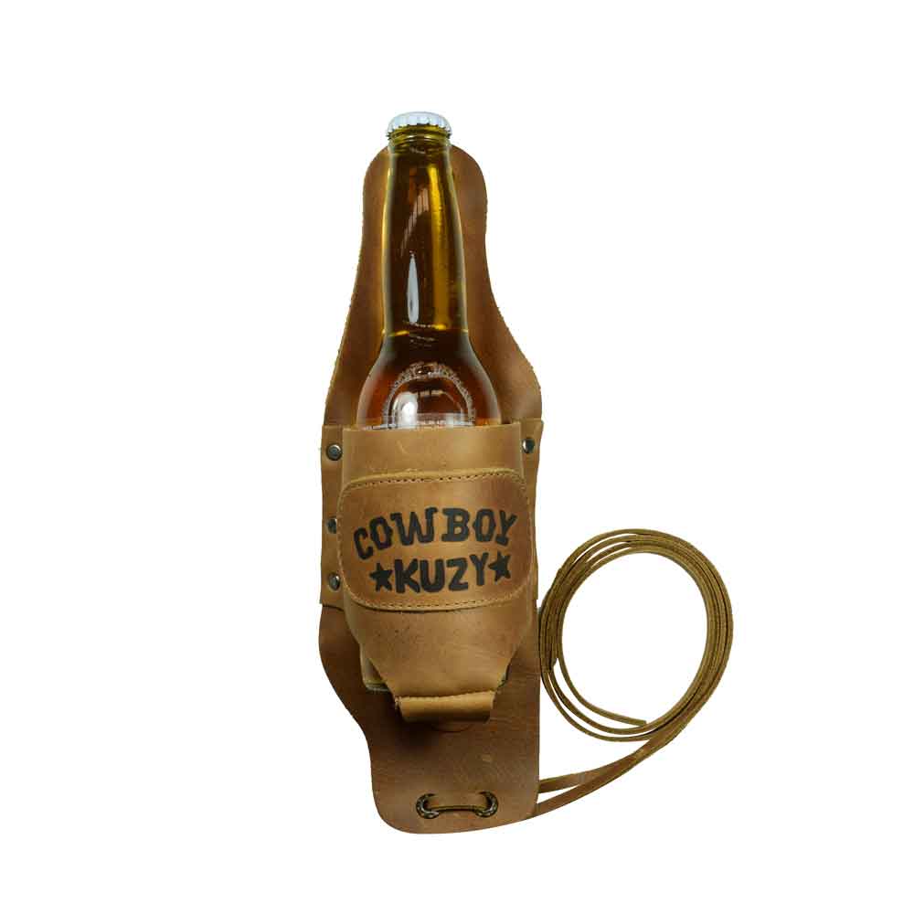 Hide & Drink Beer Holster Cowboy Buzy, showcasing a rugged Beer Holster for Cowboy perfect for hands-free enjoyment. This Western Bottle Leg Grip is crafted from full grain leather, representing the quality of small batch production and artisan work in La Antigua Guatemala.