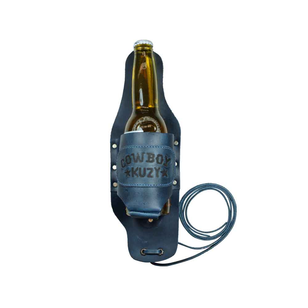 Hide & Drink Beer Holster Cowboy Buzy, your go-to Beer Holster for Cowboy ensuring you can enjoy your beverage without hands. This Western Bottle Leg Grip, crafted from full grain leather, showcases small batch production and artisanal quality from La Antigua Guatemala.