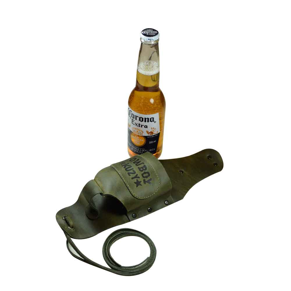 Hide & Drink Beer Holster Cowboy Buzy, a rugged yet stylish Beer Holster for Cowboy allowing hands-free enjoyment of your beverage. This Western Bottle Leg Grip, made from premium full grain leather, represents small batch production and artisan craftsmanship from La Antigua Guatemala.