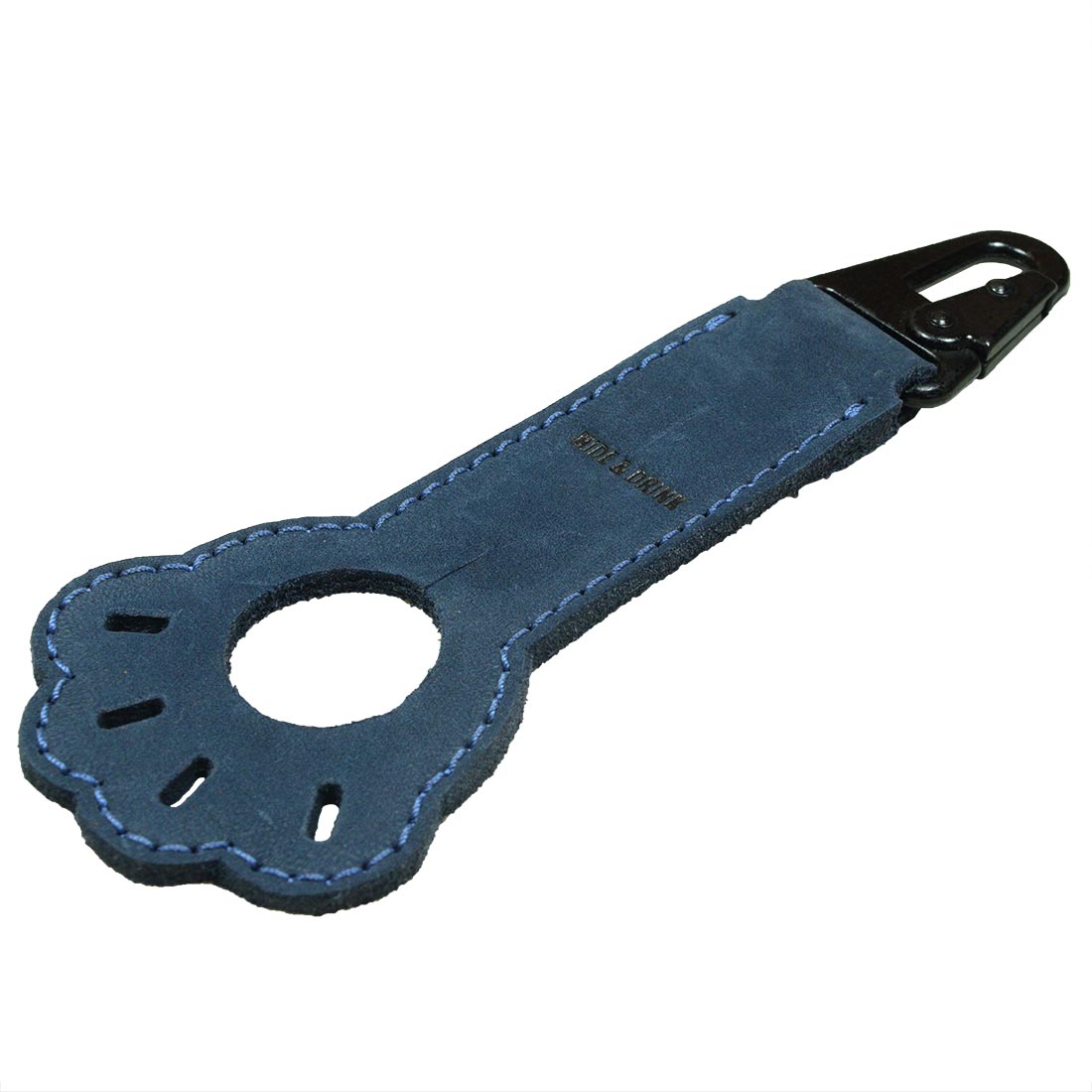 Thick full grain leather blue Paw Bottle Holder by Hide & Drink, designed for dog lovers as a unique belt holder and essential for travel. Each item is handmade in La Antigua Guatemala, showcasing artisan craftsmanship in every detail.