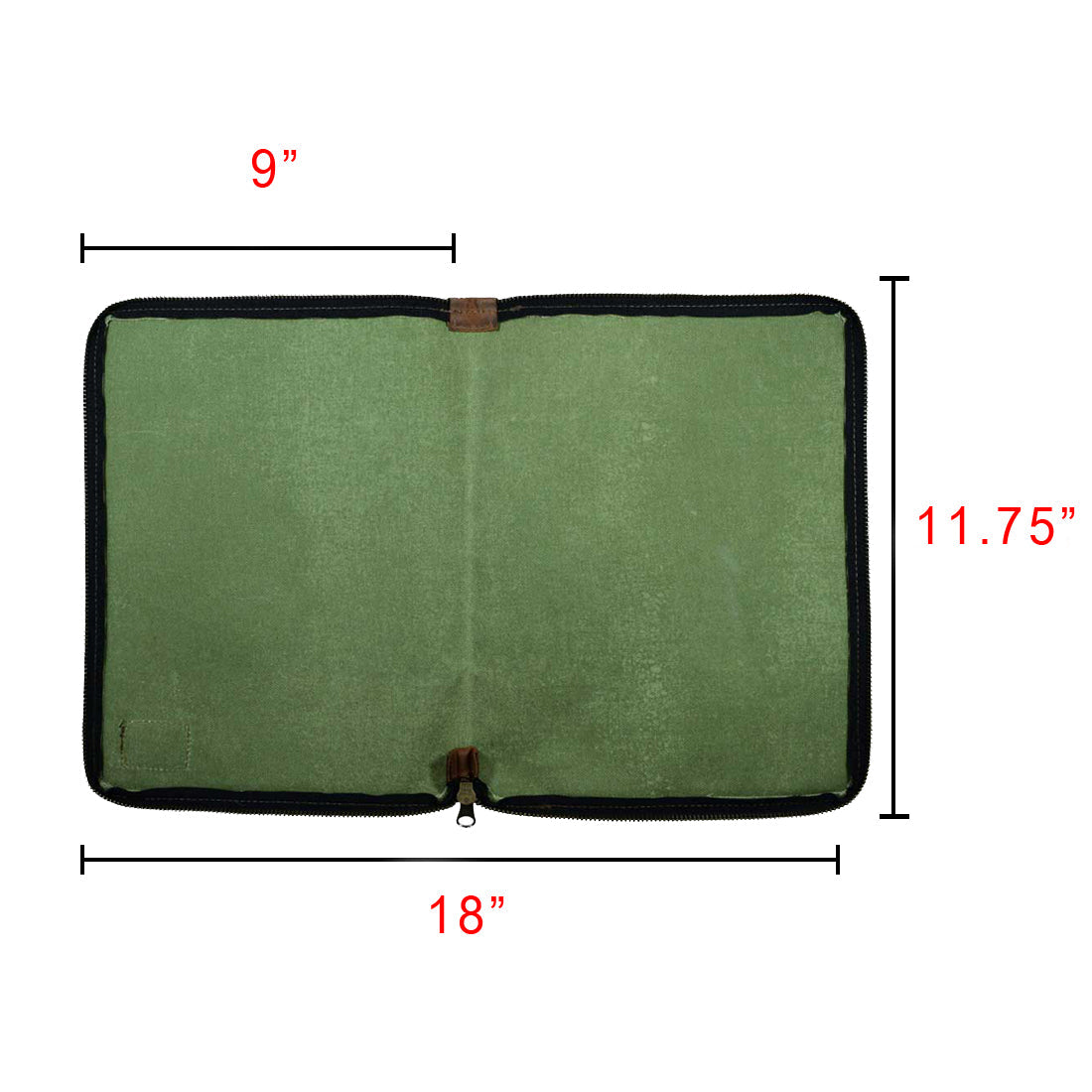 Dimensions of the Waxed Canvas Zippered Journal Cover for Moleskine (Notebook NOT Included) by Hide & Drink, showcasing its size suitable for Cahier Cases. Handmade from Full Grain Leather, a touch of artisan craftsmanship from La Antigua Guatemala & Oaxaca Mexico.