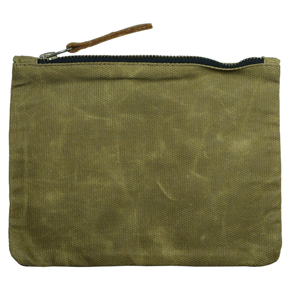 Back view of a Waxed Zippered Pouch by Hide & Drink, illustrating its sturdy construction. This Canvas Zippered Pouch serves as a lightweight case ideal for travel accessories, handcrafted in Oaxaca Mexico with care.