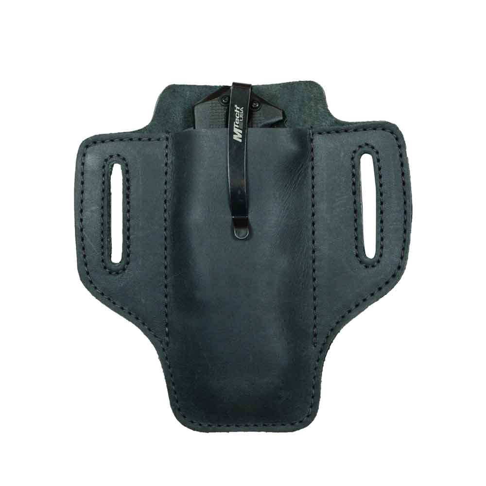 Hide & Drink's Tactical Knife Holster in sleek black Full Grain Leather, featuring a stylish clip design. This Tactical Knife Leather Holster is an excellent multitool holder, perfect for camping & outdoor accessories. Celebrate the essence of small batch production from La Antigua Guatemala & Oaxaca Mexico.