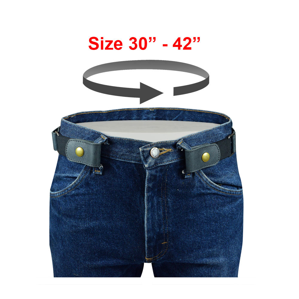 The Hide & Drink No Buckle Belt displayed on jeans, emphasizing its unique buckle-free design. This stylish leather belt is 1.5 inches wide and adjustable for comfort. Made from full grain leather, it is handcrafted through small batch production by skilled artisans in La Antigua Guatemala & Oaxaca Mexico.
