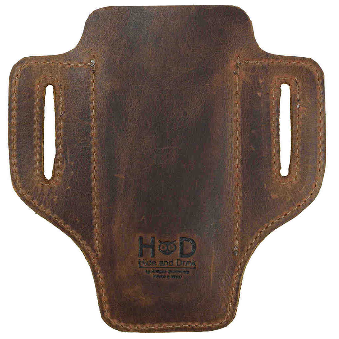 The back view of Hide & Drink's Tactical Knife Holster made from premium Full Grain Leather, designed to securely hold your knife. This Tactical Knife Leather Holster is an essential multitool holder for camping & outdoor accessories, handmade with care in La Antigua Guatemala & Oaxaca Mexico.