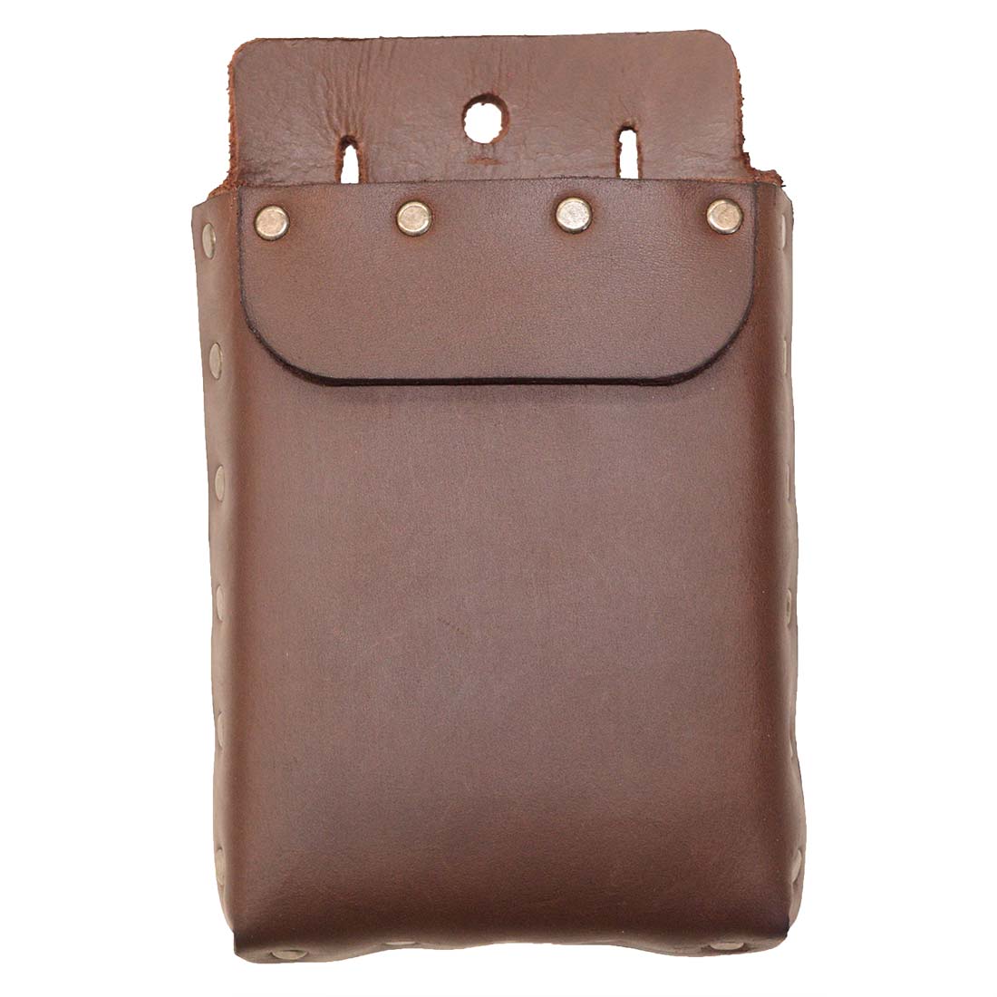 Back view of Hide & Drink's Square Tool Pouch, featuring rivets and a flap closure. This heavy-duty case is designed for waist belts, made from premium full grain leather in a rustic style, representing small batch production with artisan craftsmanship from Guatemala.