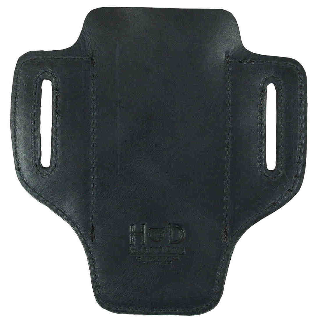 The back of Hide & Drink's black Tactical Knife Holster, designed for durability with quality Full Grain Leather. This Tactical Knife Leather Holster provides a reliable multitool holder for outdoor adventures, representing artisan craftsmanship from La Antigua Guatemala & Oaxaca Mexico.