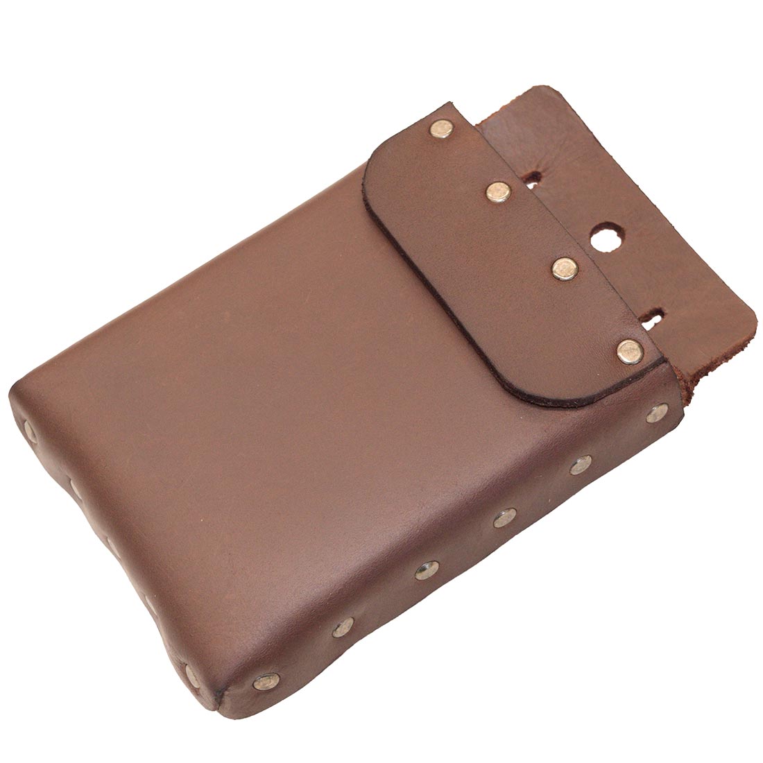 Hide & Drink's Square Tool Pouch in a slightly angled view, showing its durable construction and riveted details. This rustic tool organizer made from full grain leather is an excellent accessory for any craftsman, showcasing handmade quality from La Antigua Guatemala and Oaxaca Mexico.