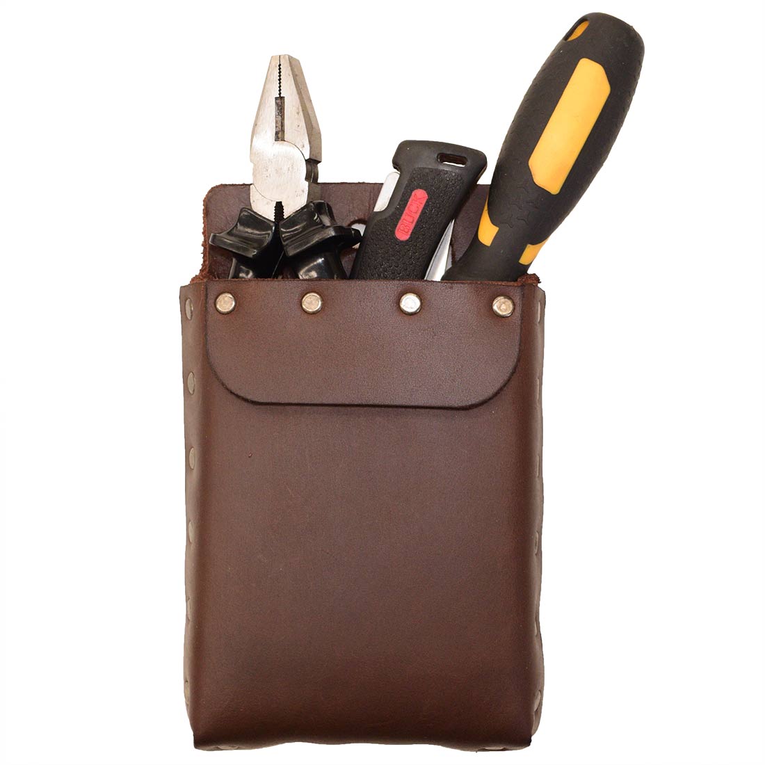 Front view of Hide & Drink's Square Tool Pouch showing its sturdy construction, featuring essential tools within. This riveted squared tool pouch for waist belts, made from rustic full grain leather, is a perfect example of artisan handmade quality, crafted in La Antigua Guatemala.