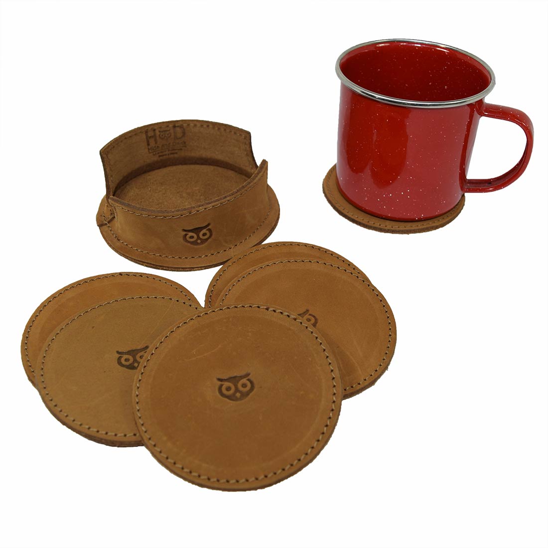 Thick Leather Owl Coasters with Stitching (6-Pack) - Stockyard X 'The Leather Store'