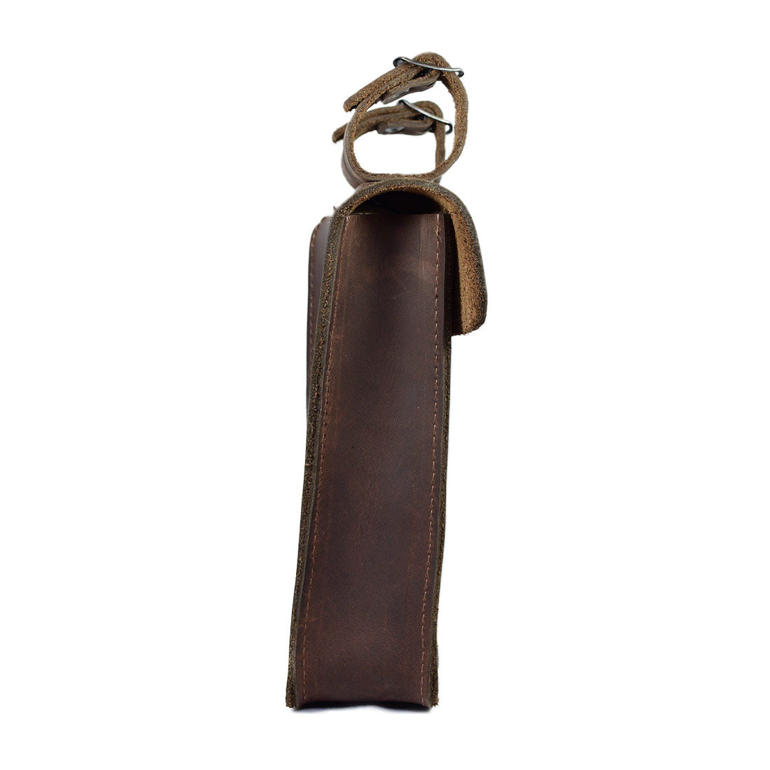 Side view of Hide & Drink's Frame Bag For Bicycle, emphasizing its sleek shape and robust full grain leather. This bike tool pouch functions as an essential repair tools storage pouch, tailored for bikers and handmade in La Antigua Guatemala & Oaxaca Mexico.