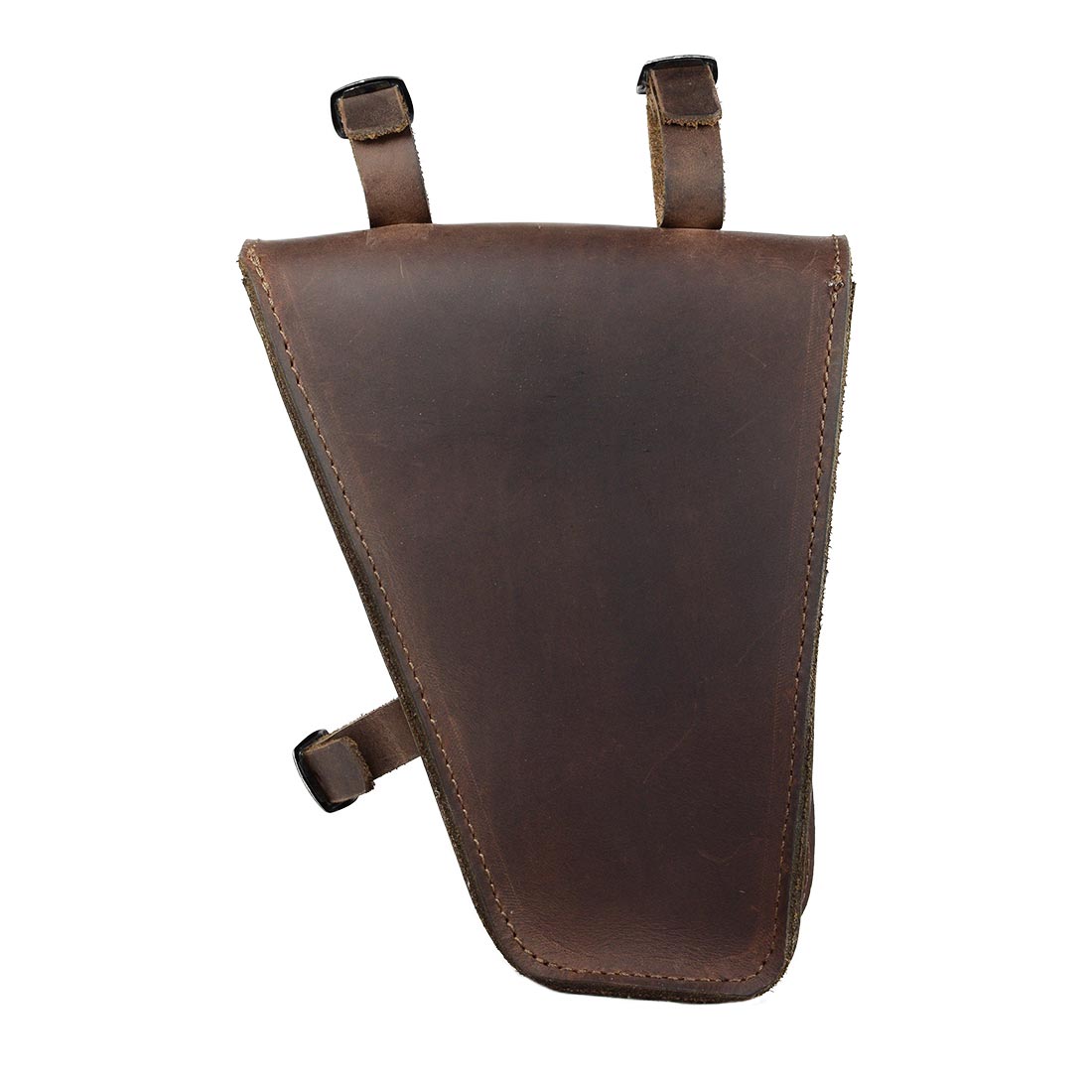 Back view of the Hide & Drink Frame Bag For Bicycle illustrates its practical design and full grain leather construction. Perfect for storing repair tools, this Triangular Frame Bag is a must-have accessory for bikers, handcrafted with love in La Antigua Guatemala & Oaxaca Mexico.
