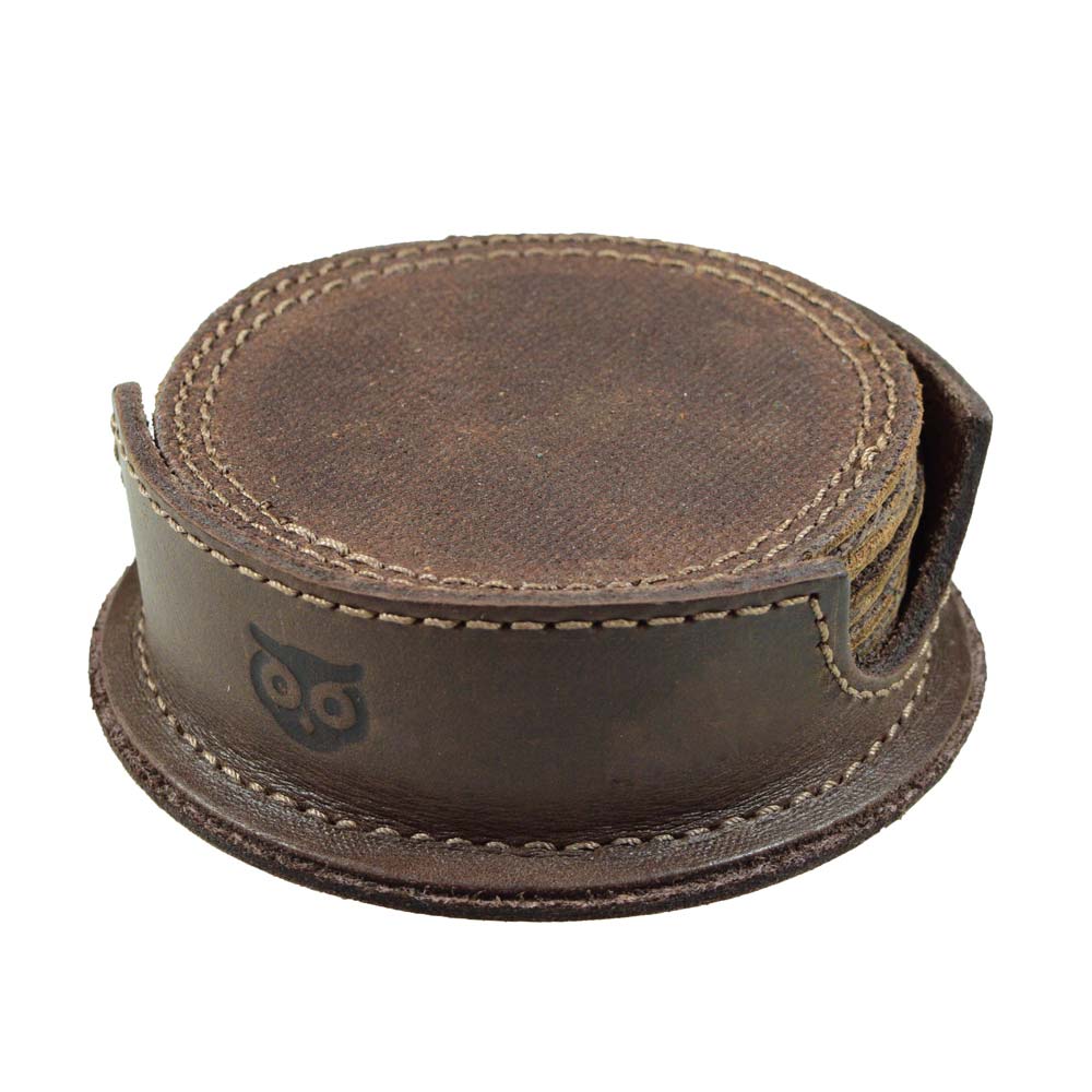 A stylish Circles Coaster (8-Pack) from Hide & Drink, featuring a round coaster holder made of full grain leather, providing a chic storage solution for these artisanal coasters. Perfect for glass and cup stain protection, made in small batch production.