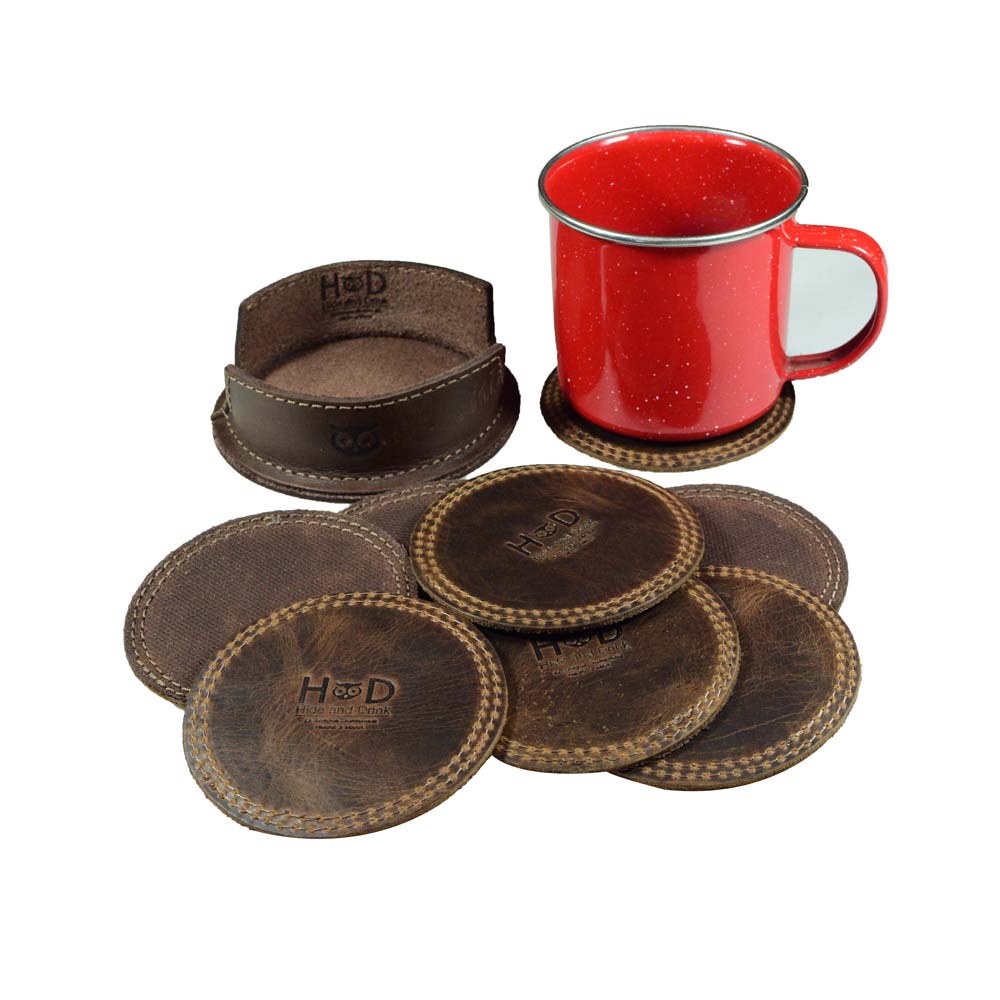 Illustrating the dimensions of the Circles Coaster (8-Pack) from Hide & Drink, showing both the coasters and the deep tray holder. This remarkable artisan piece protects your surfaces while adding a hand branded touch to your home decor.