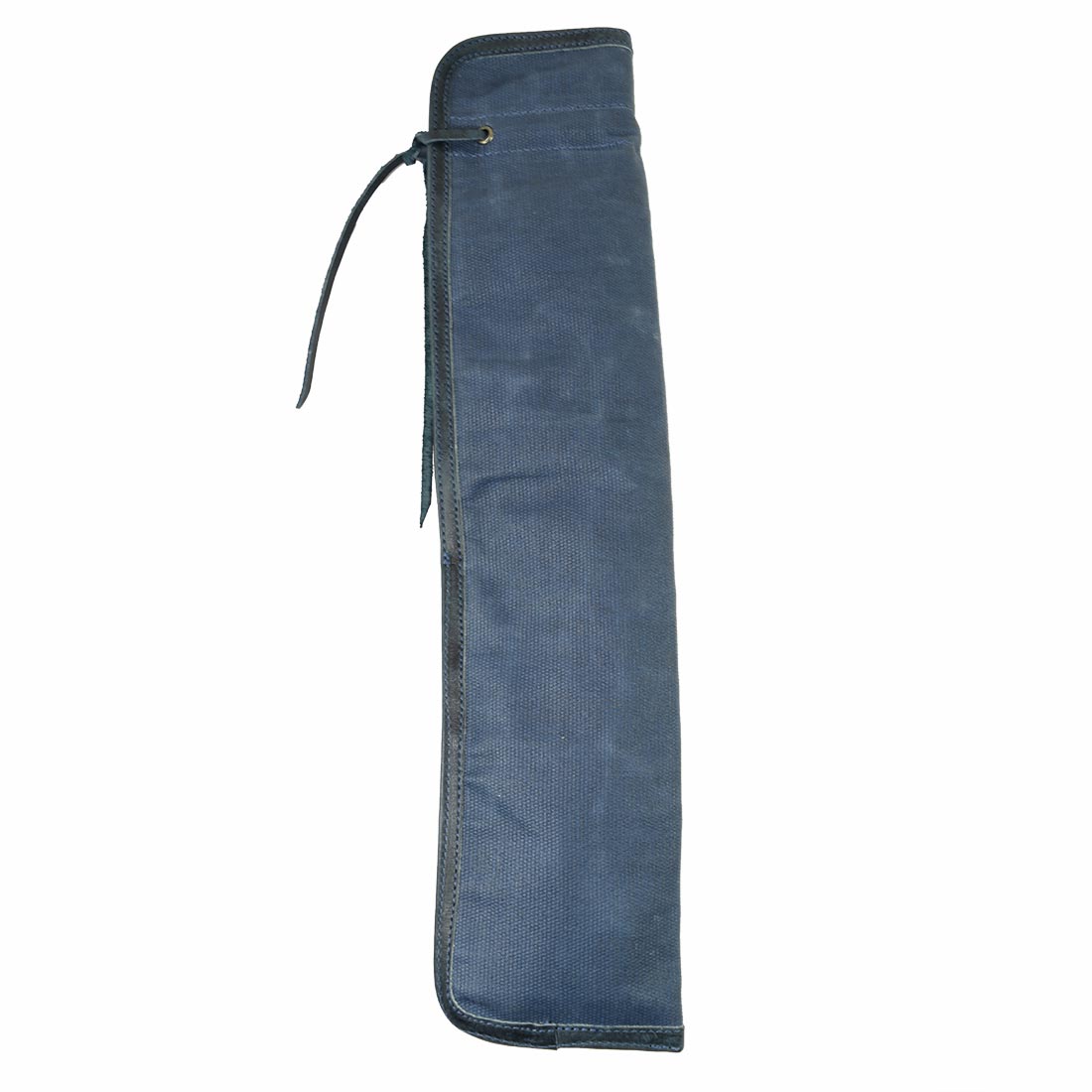 Side view of the blue Hide & Drink Drummstick Bag, demonstrating its sleek design and durable materials. This Waxed Canvas & Full Grain Leather Drumstick Bag Holder is perfect for musicians, highlighting the quality derived from StockyardX's small batch production and handcrafted techniques in La Antigua Guatemala & Oaxaca Mexico.