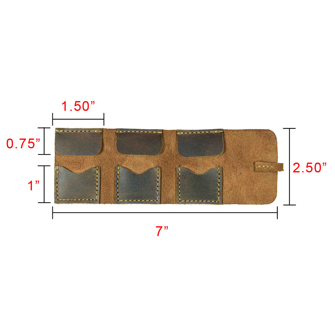 Dimension details of the Hide & Drink Guitar Pick Roll, illustrating its compact design. This practical Plectrum Case is a superb Guitarist Gift or Musician Accessory, featuring authentic Full Grain Leather crafted through Hand Cut and Hand Sewn processes. Artisan-made in La Antigua Guatemala & Oaxaca Mexico.