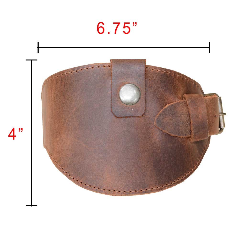 Dimensions of the Motorcycle Boot Protector by Hide & Drink, highlighting its length of 6.75 inches and width of 4 inches. This rustic multi-functional shoe cover, crafted from full grain leather, is designed to protect from shifter damage while showcasing handcrafted artisan quality, made in La Antigua Guatemala.