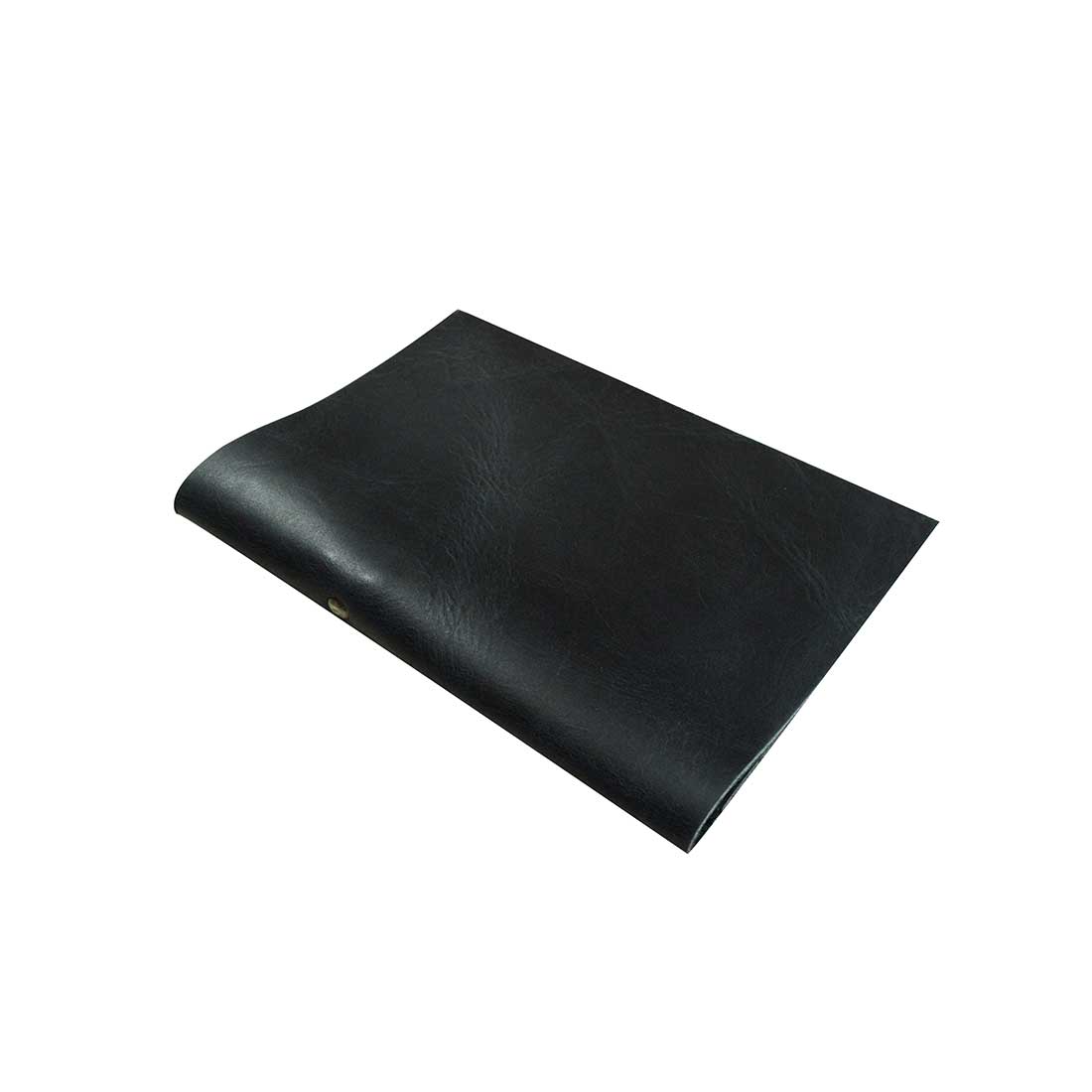 Detail of the luxurious black leather cover of the Bifold Check Presenter With Pen Slot by Hide & Drink, emphasizing its high-quality material and craftsmanship for restaurant dining experienced. Bifold Check Presenter with Pen Slot for Restaurant & Cafe Accessories, Western Bill Holder, Full Grain Leather, Handmade Waiter and Waitress Accessory, Small Batch Production, Hand Cut, Hand Sewn, Fire Branded, Artisan, Handmade in La Antigua Guatemala & Oaxaca Mexico.