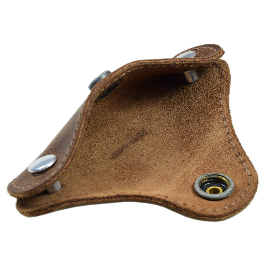 Interior of Hide & Drink's Double Swiss Knife Key Holder in brown Full Grain Leather, featuring a handmade design perfect for organizing multiple keys. This artisan-crafted piece showcases small batch production techniques and meticulous hand sewing.