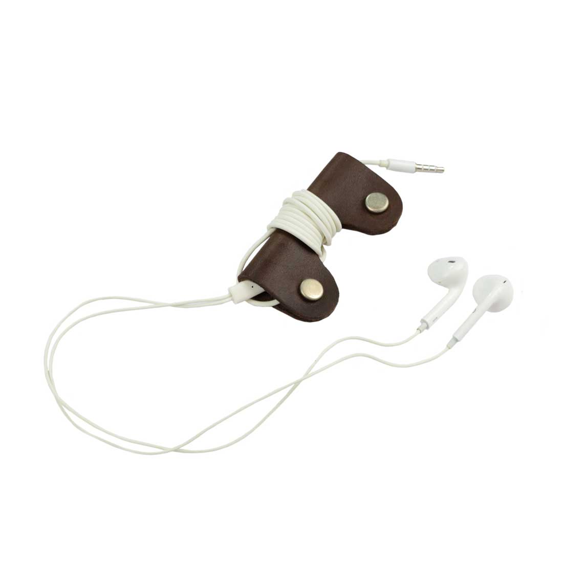 The Wrap Cord Keeper by Hide & Drink neatly holding earphones, exemplifying its role as a cable organizer holder and headset winder. This artisan accessory is made from premium full grain leather and crafted in small batches in La Antigua Guatemala & Oaxaca Mexico.