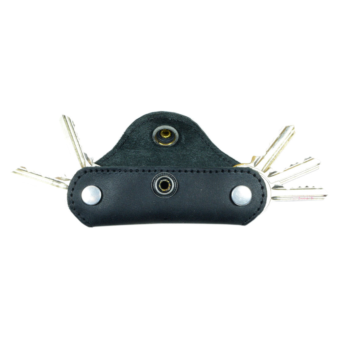 An open view of Hide & Drink's Double Swiss Knife Key Holder in black Full Grain Leather, highlighting its interior designed for organizing multiple keys. This artisan piece is handcrafted with care and emphasizes small batch production.